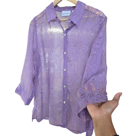 Women's Vintage Sheer Textured Button-Up Blouse Size 14 Purple Artsy Boho Hippie - Picture 2 of 10
